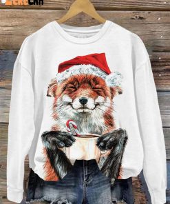 Cute Christmas Hat Little Fox Print Round Neck Sweatshirt