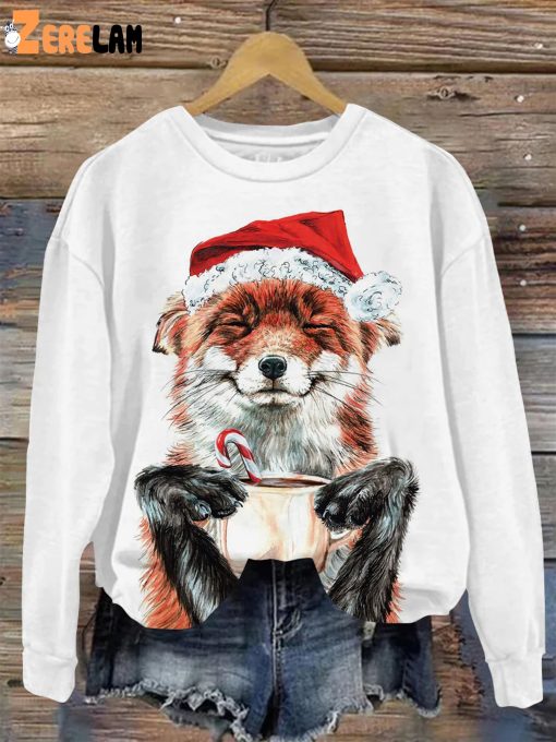 Cute Christmas Hat Little Fox Print Round Neck Sweatshirt