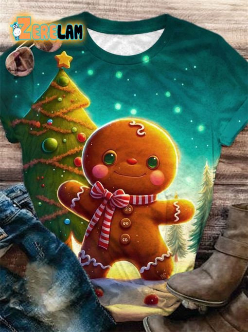 Cute Gingerbread Man Christmas Holiday Print Crew Neck T-shirt