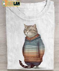 Cute Winter Cat Art Pattern Print Casual T-shirt