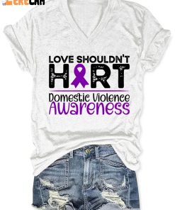 Domestic Violence Awareness Purple Ribbon Love Shouldnt Hurt Print T Shirt 2