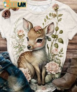 Floral Deer Print Crew Neck T-shirt