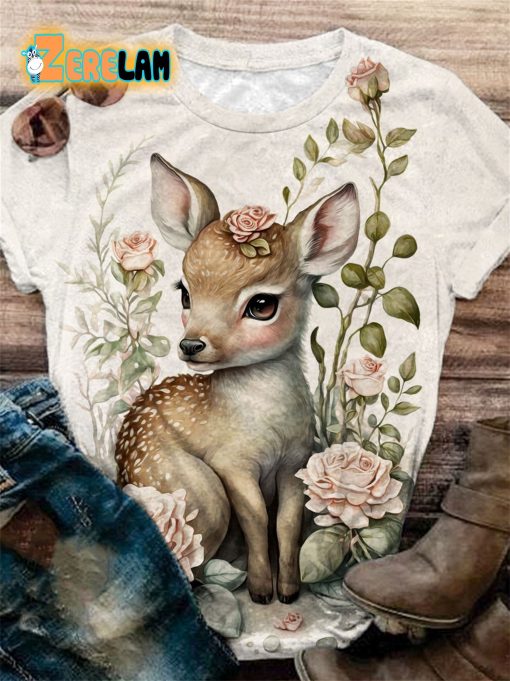 Floral Deer Print Crew Neck T-shirt