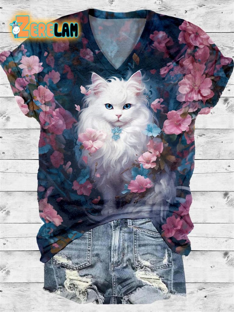 Floral White Cat V-neck T-shirt - Zerelam