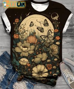 Full Moon Flower Butterfly Crew Neck T-shirt