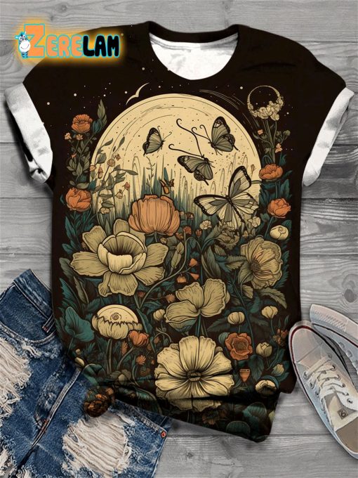 Full Moon Flower Butterfly Crew Neck T-shirt