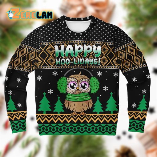 Happy Hoo-lidays Owl Green Black Ugly Sweater