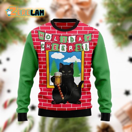 Holiday Cheer Black Cat Beer Christmas Ugly Sweater