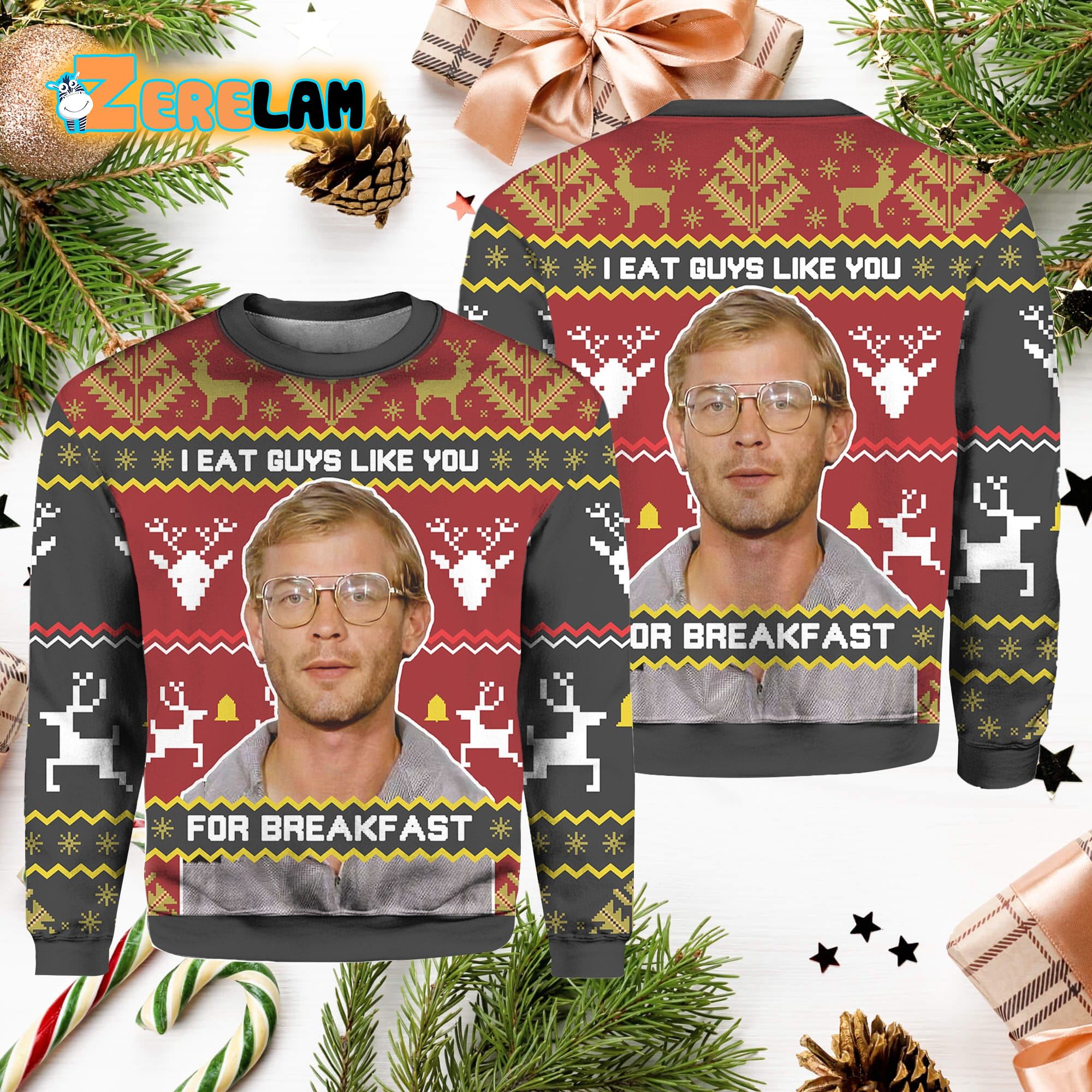 Jeffrey Dahmer Ugly Christmas Sweater I Eat Guys Like You For Breakfast  Artificial Wool Sweatshirt All Over Printed Horror Killer Xmas Faux Knitted Shirt  Christmas Gift - Laughinks