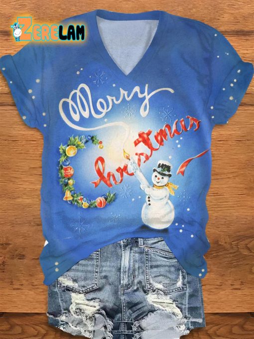 Merry Christmas Snowman V-neck T-shirt