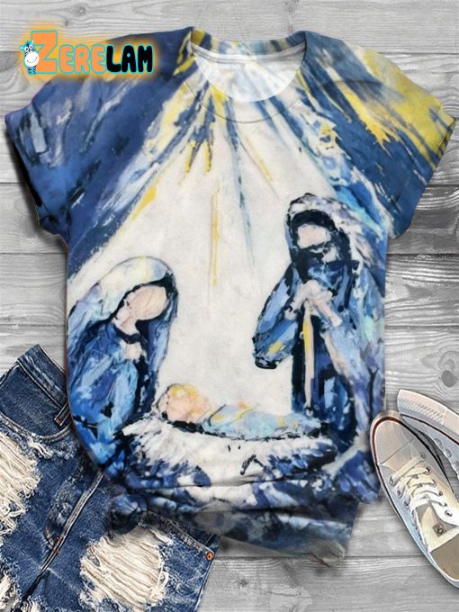 Nativity Christmas Print Crew Neck T-shirt