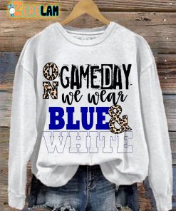 On Gameday We Wear Blue And White School Spirit Casual Print Sweatshirt