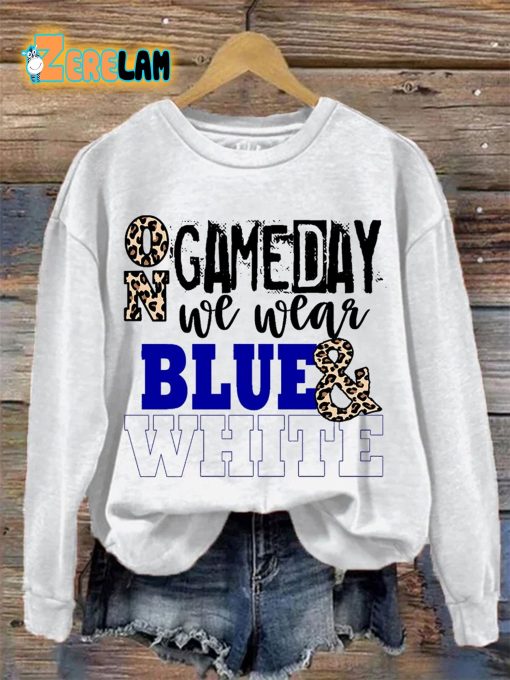 On Gameday We Wear Blue And White School Spirit Casual Print Sweatshirt