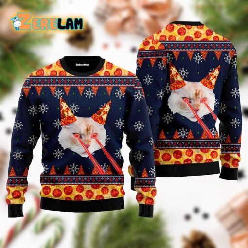 Pizza Cat With Laser Eyes Dark Christmas Ugly Sweater