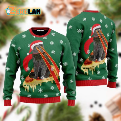 Pizza Cat With Laser Eyes Green Christmas Ugly Sweater For Men Women