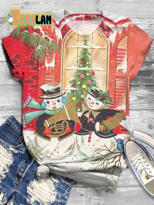 Snowman Print Crew Neck T-shirt