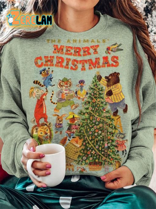 The Animals Merry Christmas Print Round Neck Long Sleeve Shirt