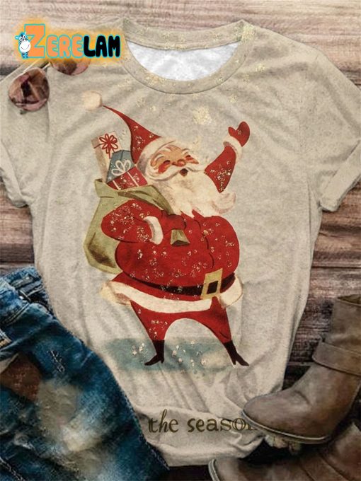 Tis The Season Santa Print Crew Neck T-shirt