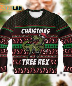 Tree Rex Green Dinosaur Wears Noel Hat Ugly Sweater