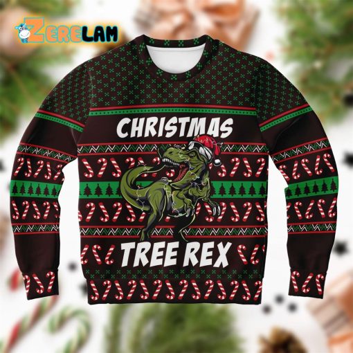 Tree Rex Green Dinosaur Wears Noel Hat Ugly Sweater