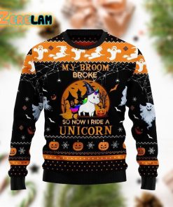 Unicorn Broom Halloween Ugly Sweater Christmas