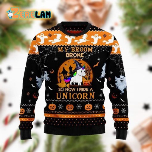 Unicorn Broom Halloween Ugly Sweater Christmas