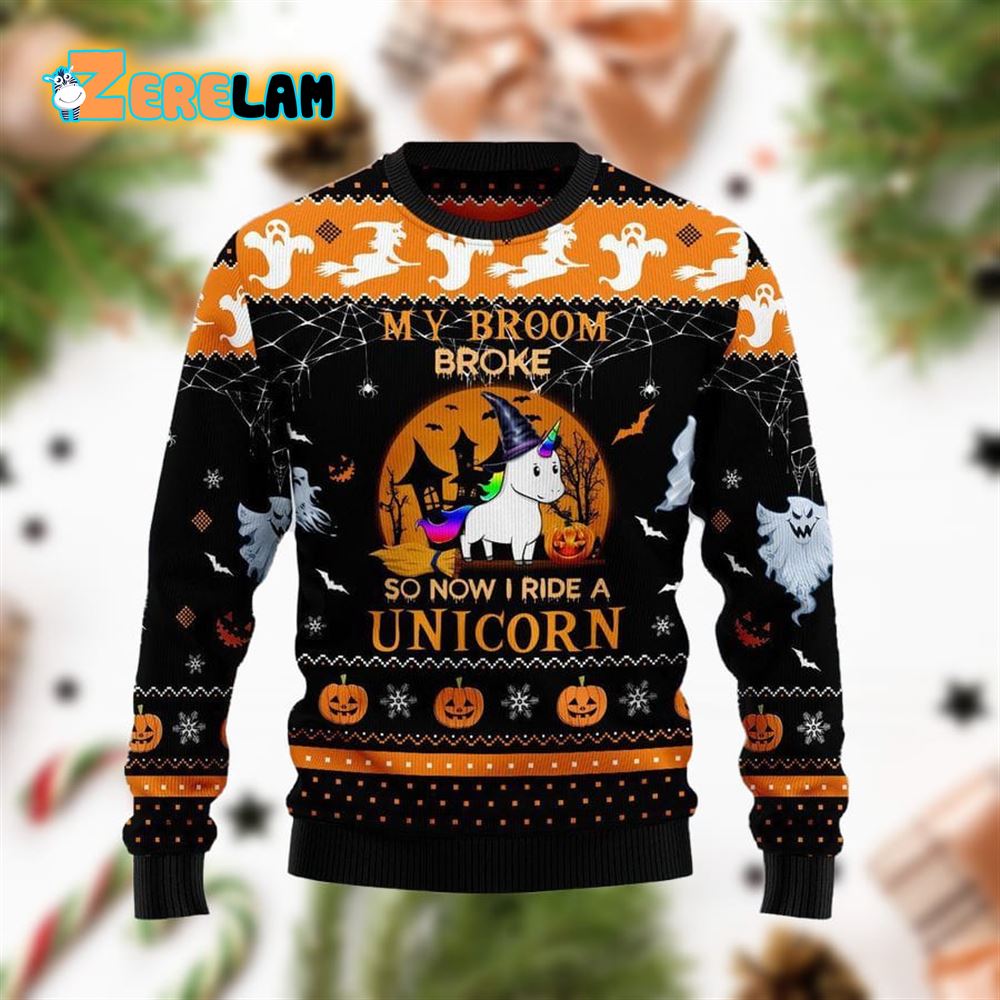 Unicorn Broom Halloween Ugly Sweater - Zerelam