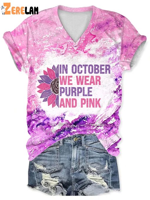 V-Neck Domestic Violence And Breast Cancer Awareness In October We Wear Purple And Pink T-Shirt