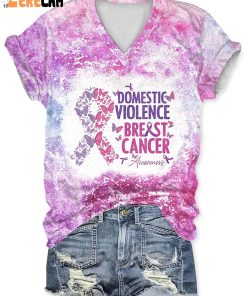 V-Neck Domestic Violence Breast Cancer Awareness Ribbon T-Shirt