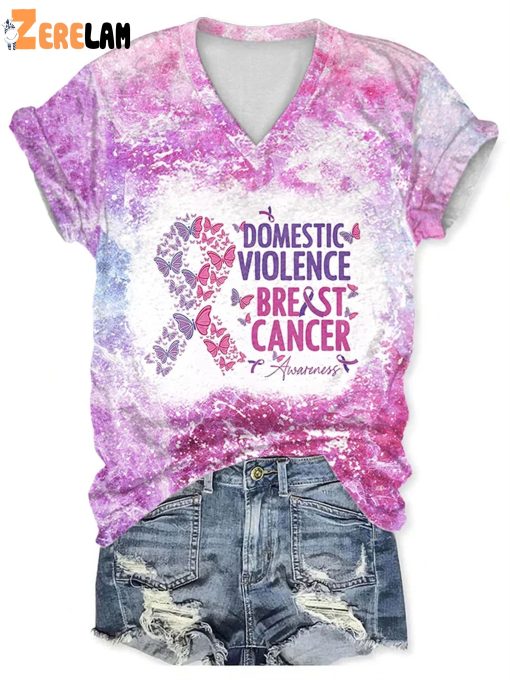 V-Neck Domestic Violence Breast Cancer Awareness Ribbon T-Shirt