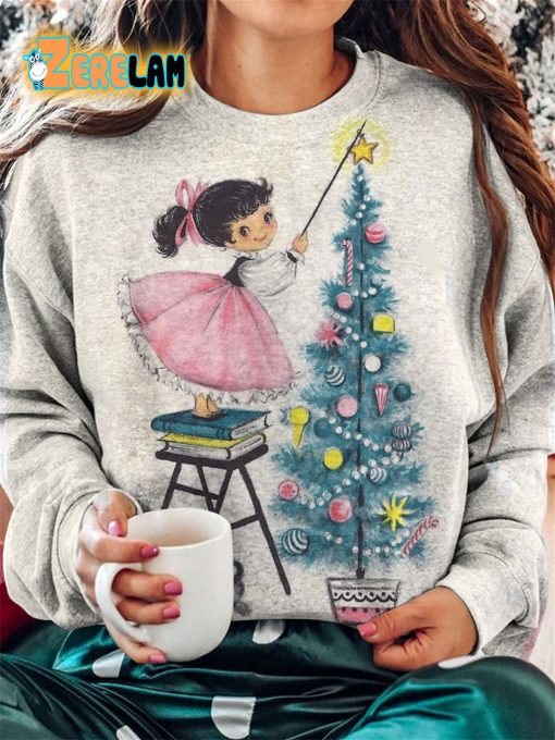 Vintage Christmas Girl Putting Star On Tree Long Sleeve Shirt