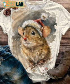 Vintage Christmas Mouse Print Crew Neck T-shirt