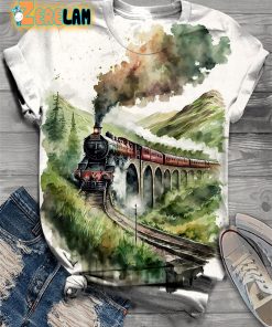 Watercolor Forest Train Print Crew Neck T-shirt
