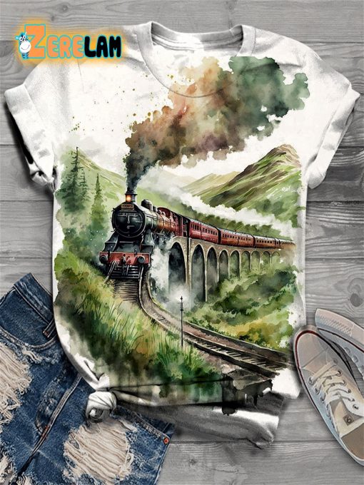 Watercolor Forest Train Print Crew Neck T-shirt
