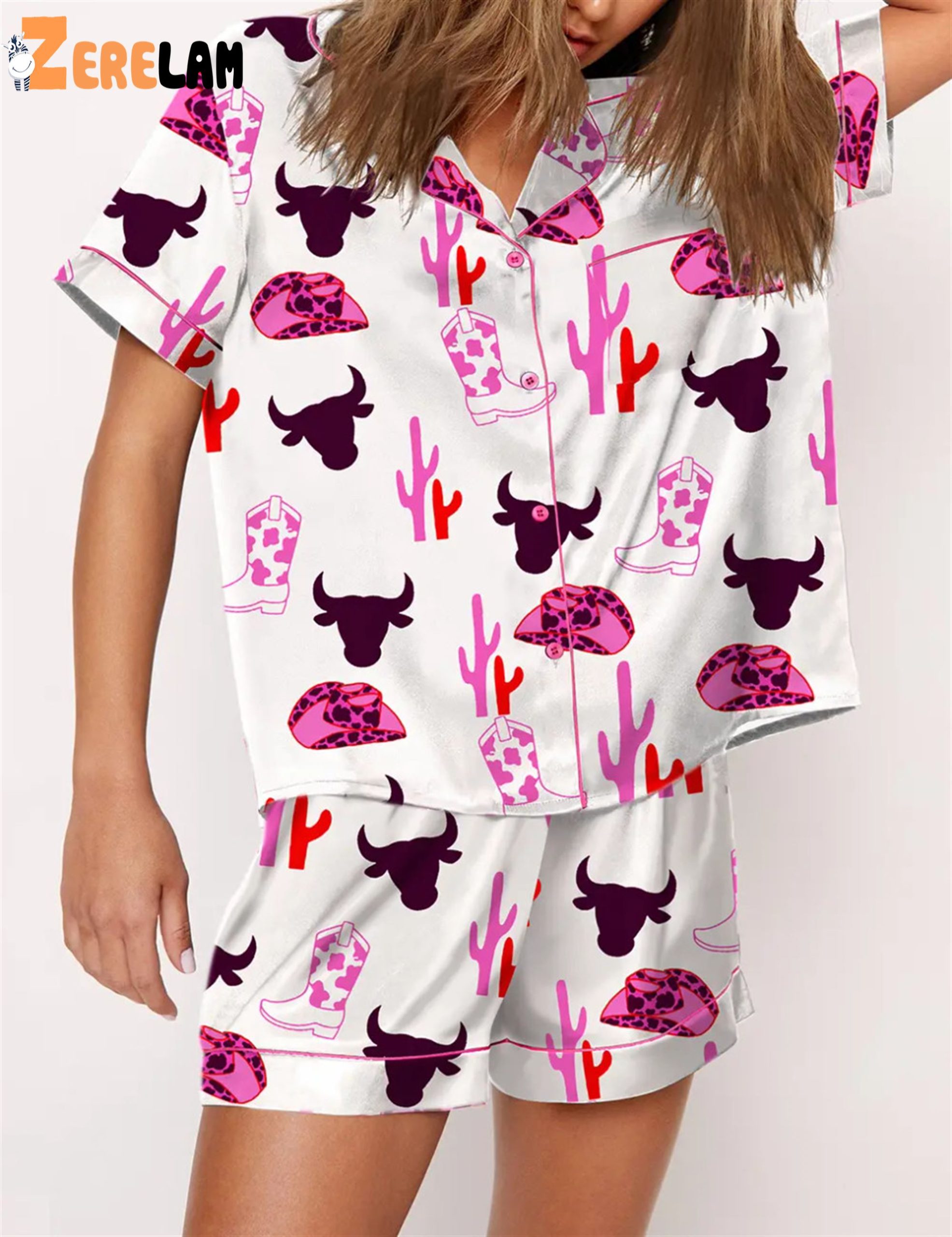 Western Cowboy Boot And Hat Print Pajama Set - Zerelam