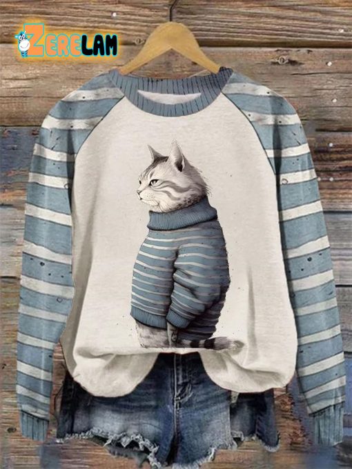 Winter Cat Art Pattern Print Casual Sweatshirt