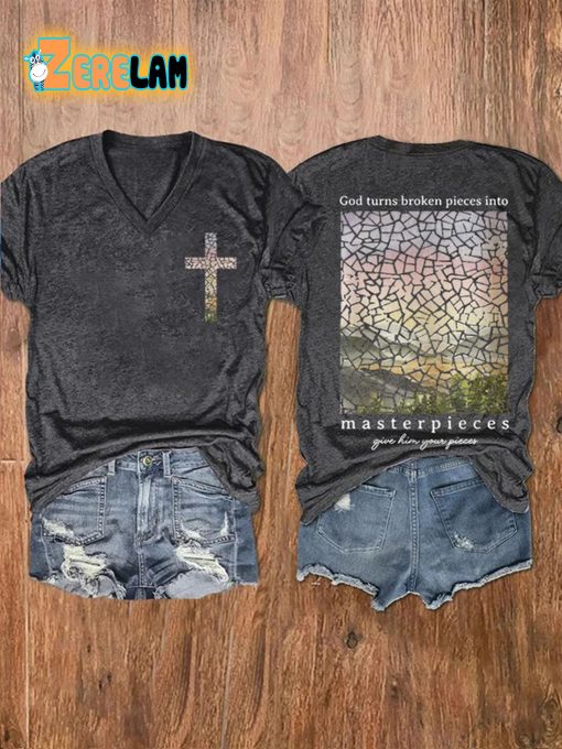 Women’S God Turns Broken Pieces Into Masterpieces Printed Casual T-Shirt