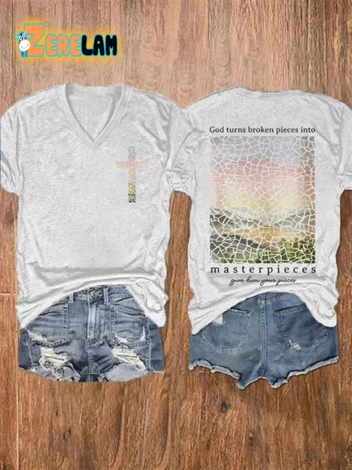 Women’S God Turns Broken Pieces Into Masterpieces Printed Casual T-Shirt