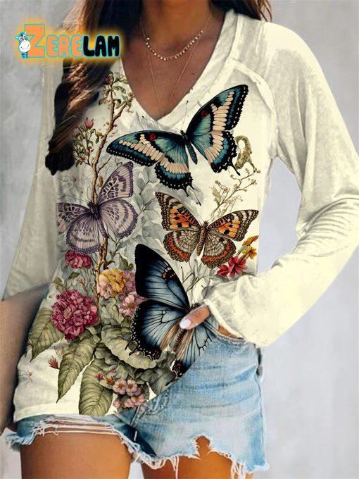 Women’s Butterfly Print V-neck Long Sleeve T-shirt