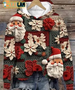 Women’s Christmas Fabric Santa Flower Print Hoodie