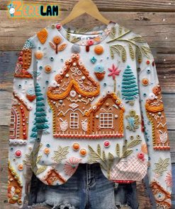 Women’s Christmas Gingerbread House Print Sweatshirt