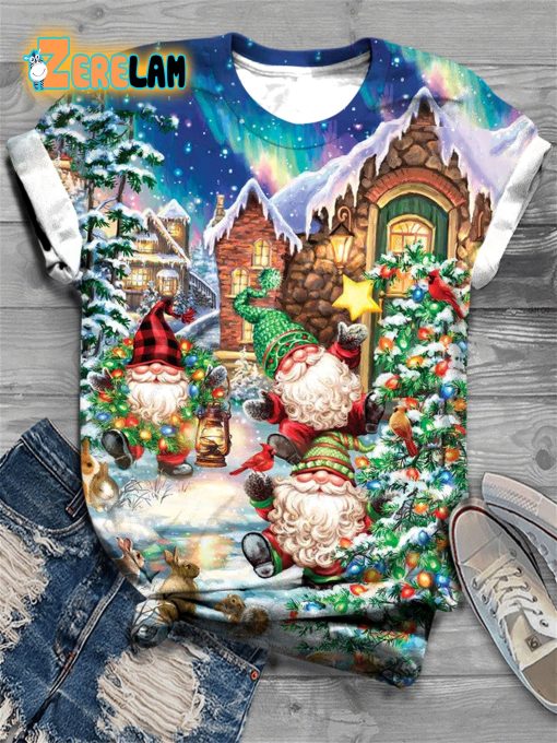 Women’s Christmas Gnome Print Crew Neck T-shirt