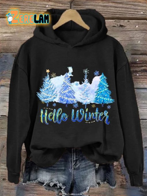 Women’s Christmas Hello Winter Christmas Tree Print Hooded Sweatshirt