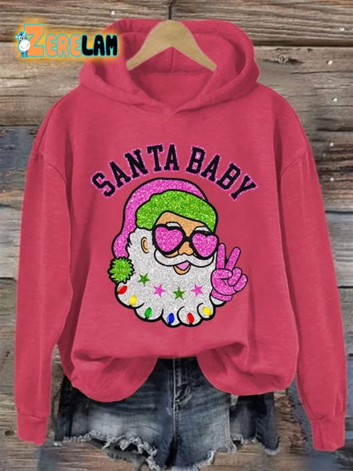 Women’s Christmas Pink Santa Baby Print Hoodie