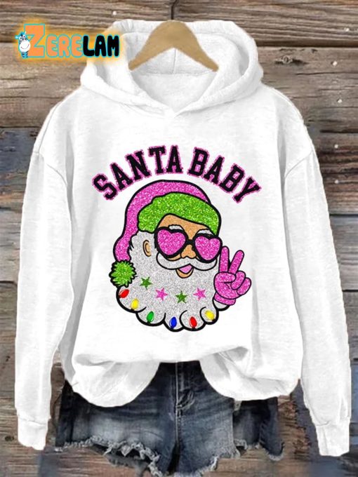 Women’s Christmas Pink Santa Baby Print Hoodie