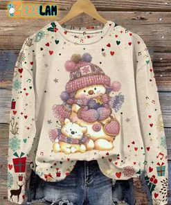Women’s Christmas Snowman Cat Print Sweatshirt