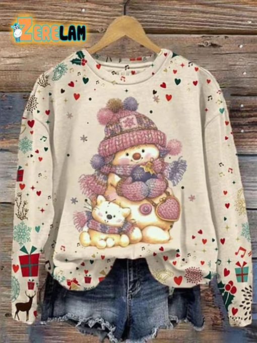 Women’s Christmas Snowman Cat Print Sweatshirt