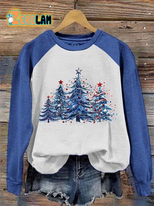 Women’s Christmas Trees Print Raglan Sleeve Sweatshirt
