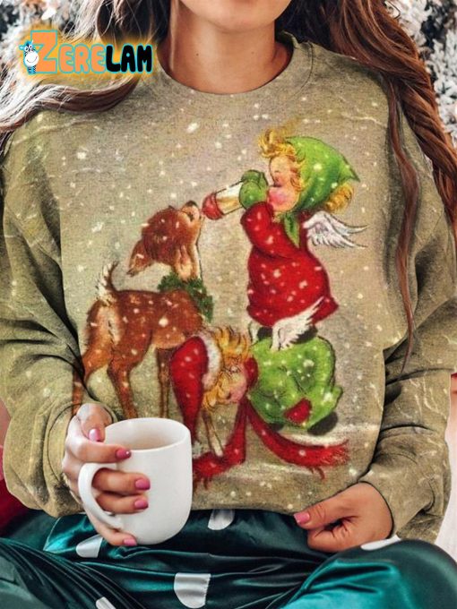 Women’s Funny Babies And Deer Winter Christmas Sweatshirt
