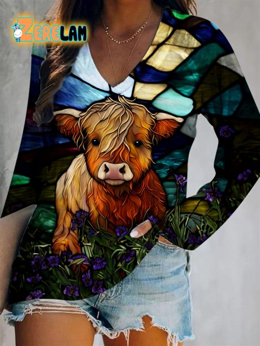 Women’s Highland Cow Print V-neck T-shirt